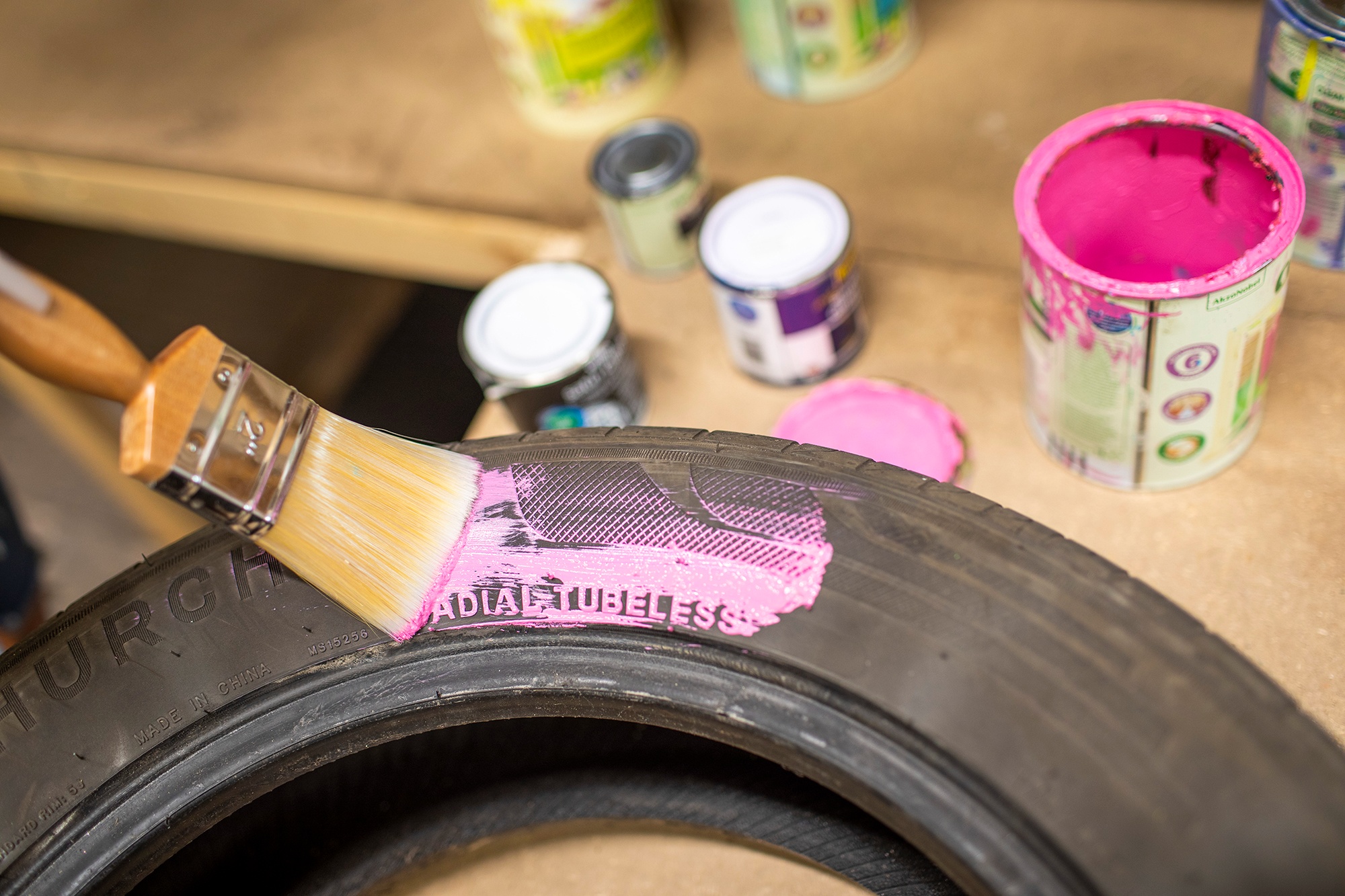 Tyre being painted pink
